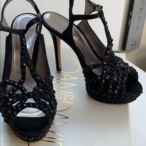 Joan and David black satin heels